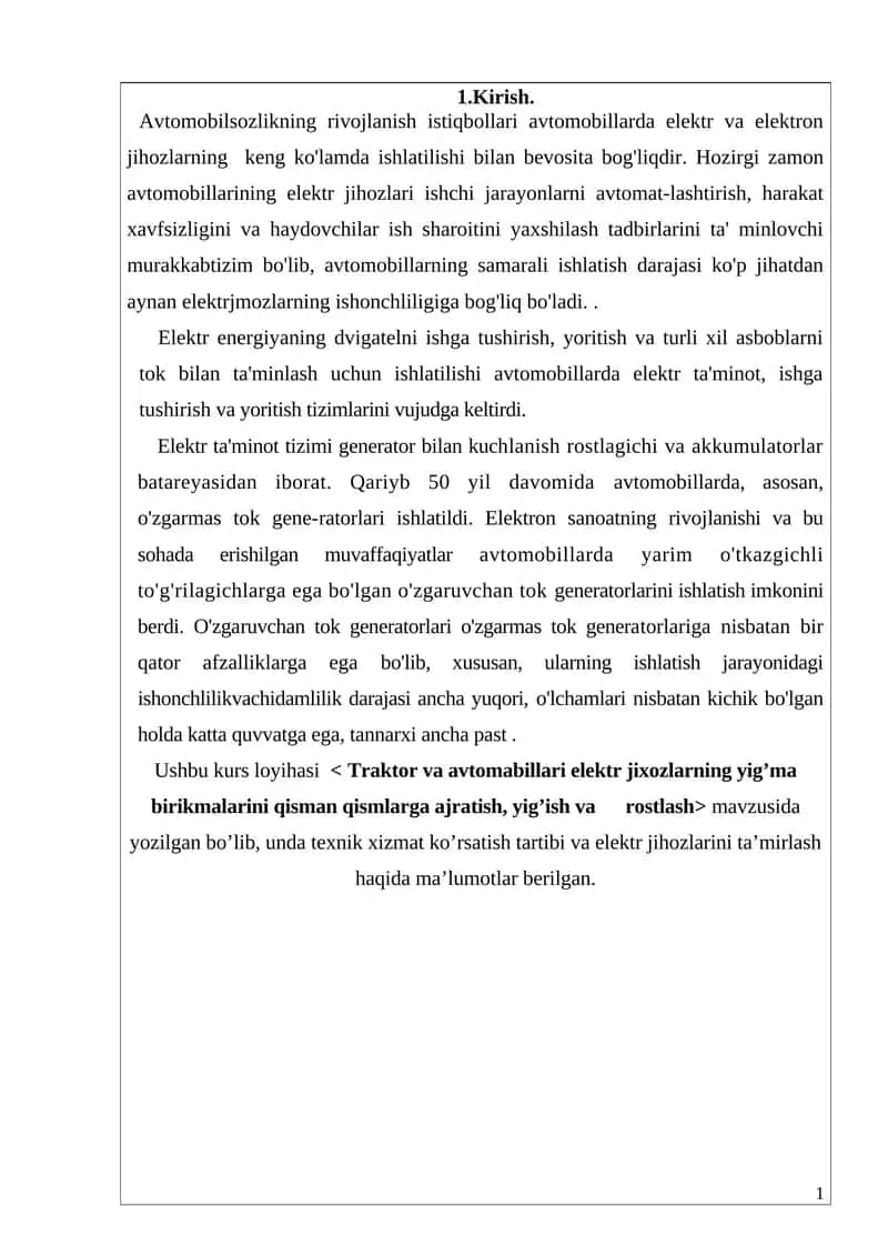 Traktor va avtomobillari elektr jixozlarning yig'ma birikmalari
