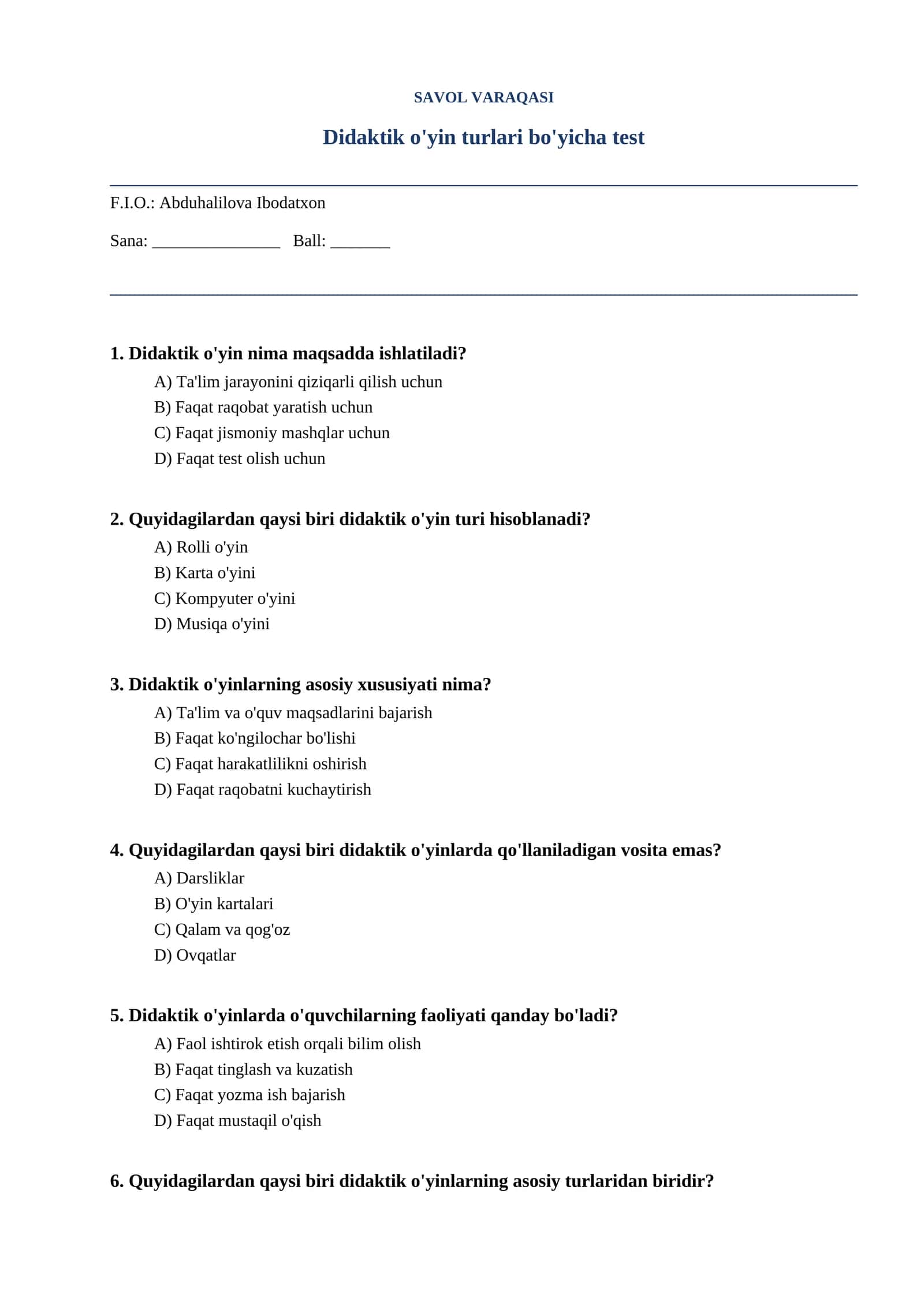 Didaktik o'yin turlari bo'yicha test