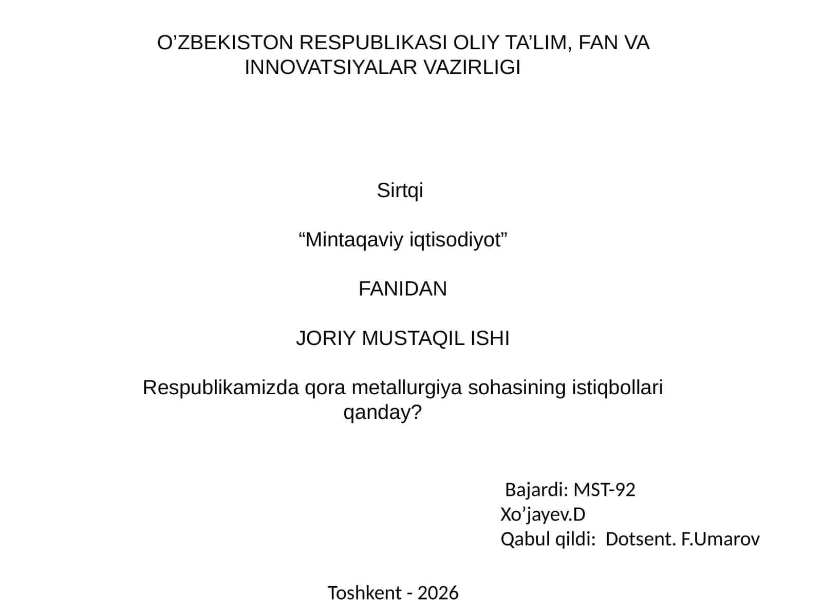 Qora metallurgiya sohasining istiqbollari