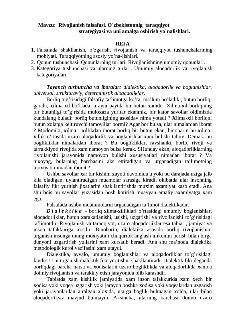Rivojlanish falsafasi. O`zbekistonnig taraqqiyot strategiyasi va uni amalga oshirish yo`nalishlari