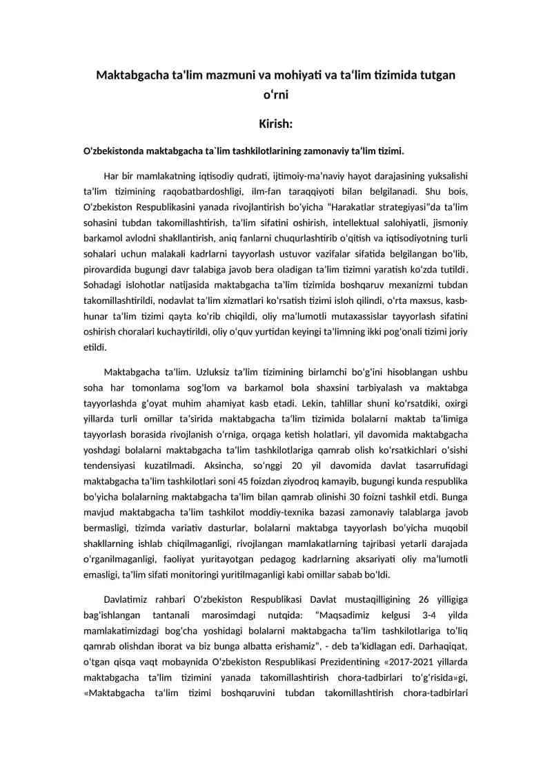 Maktabgacha ta'lim mazmuni va mohiyati va ta‘lim tizimida tutgan o‘rni