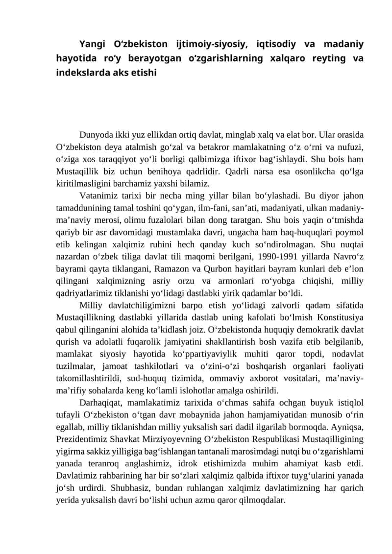 Yangi O‘zbekiston ijtimoiy-siyosiy, iqtisodiy va madaniy hayotida roʻy berayotgan oʻzgarishlarning xalqaro reyting va indekslarda aks etishi