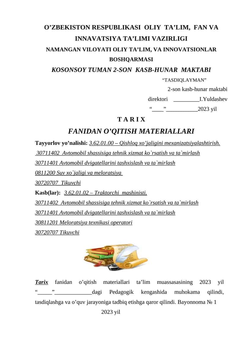 Tarix fanidan o’qitish materiallari
