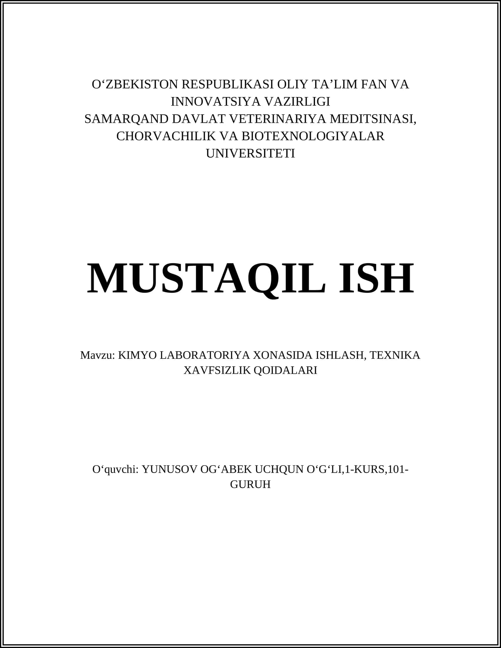 KIMYO LABORATORIYA XONASIDA ISHLASH, TEXNIKA XAVFSIZLIK QOIDALARI