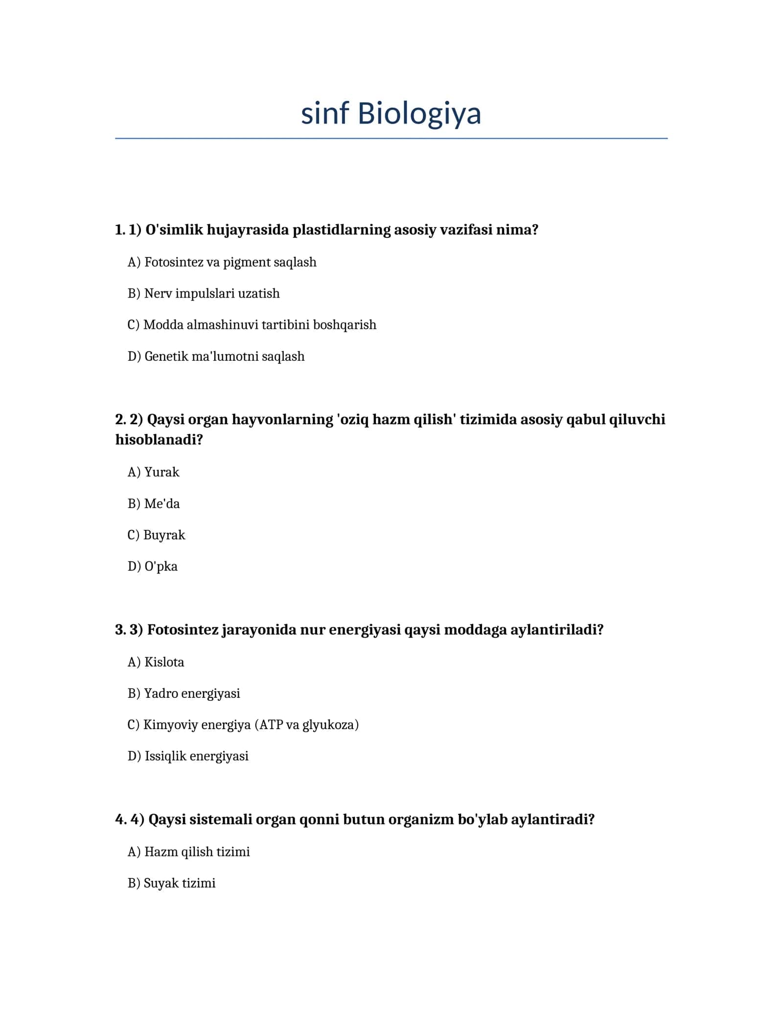Biologiya sinfi Test savollari