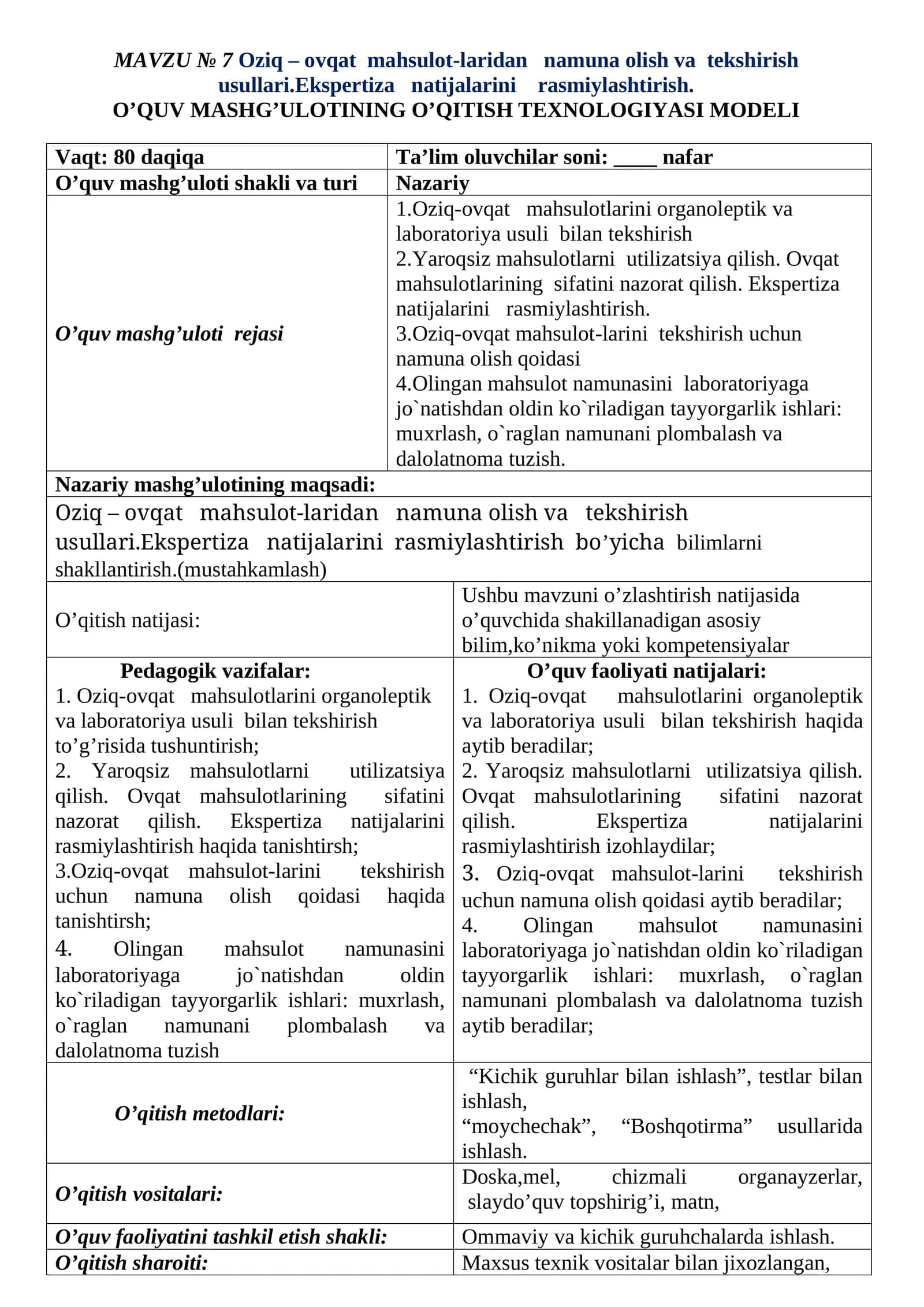 O'ziq-ovqat mahsulotlari tekshirish usullari