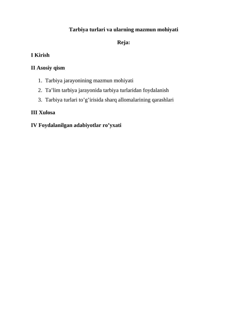 Tarbiya turlari va ularning mazmun mohiyati
