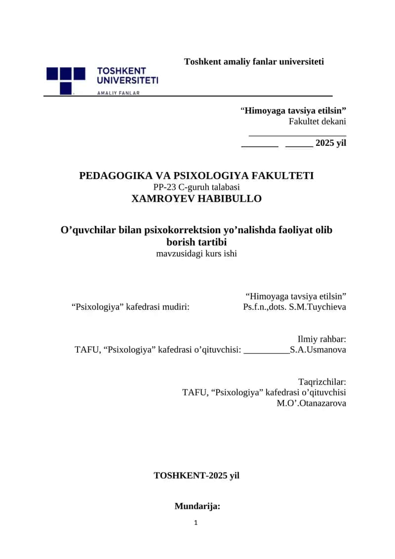 Psixologiya va Psixokorrektsion Faoliyat