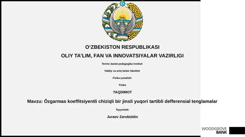 Ŏzgarmas koeffitsiyentli chiziqli bir jinsli yuqori tartibli defferensial tenglamalar