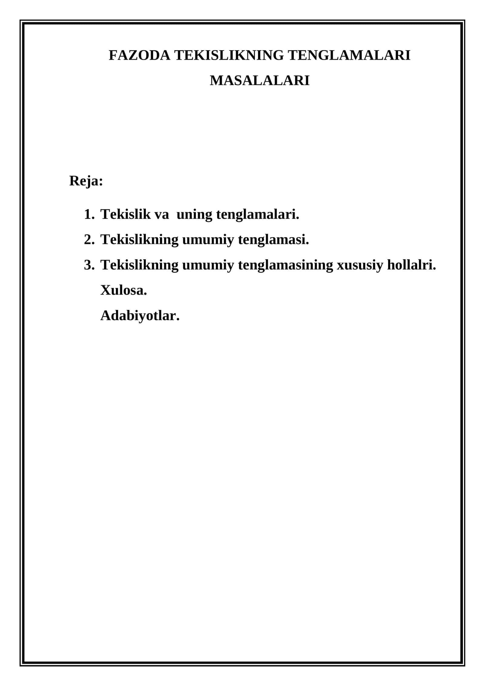 FAZODA TEKISLIKNING TENGLAMALARI MASALARI