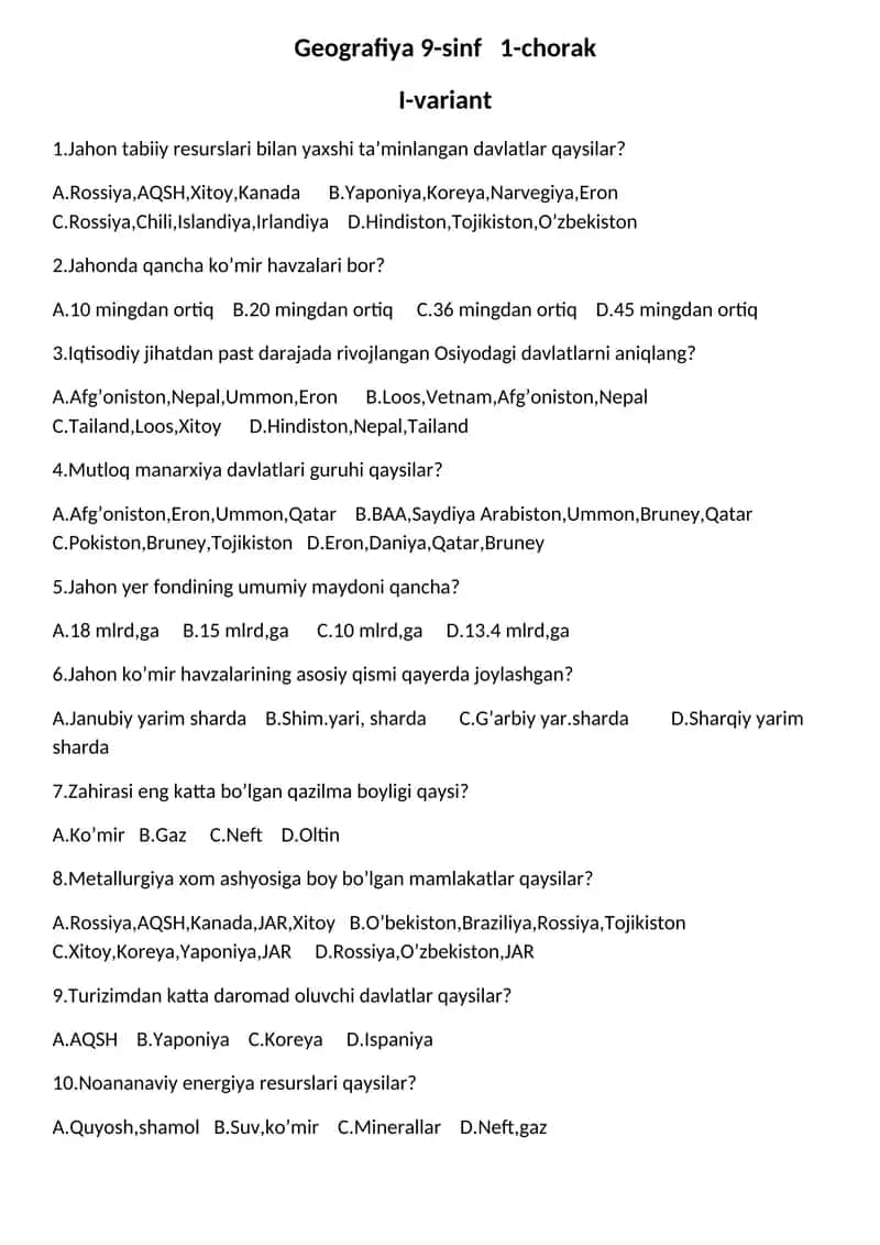 Geografiya 9-sinf 1-chorak