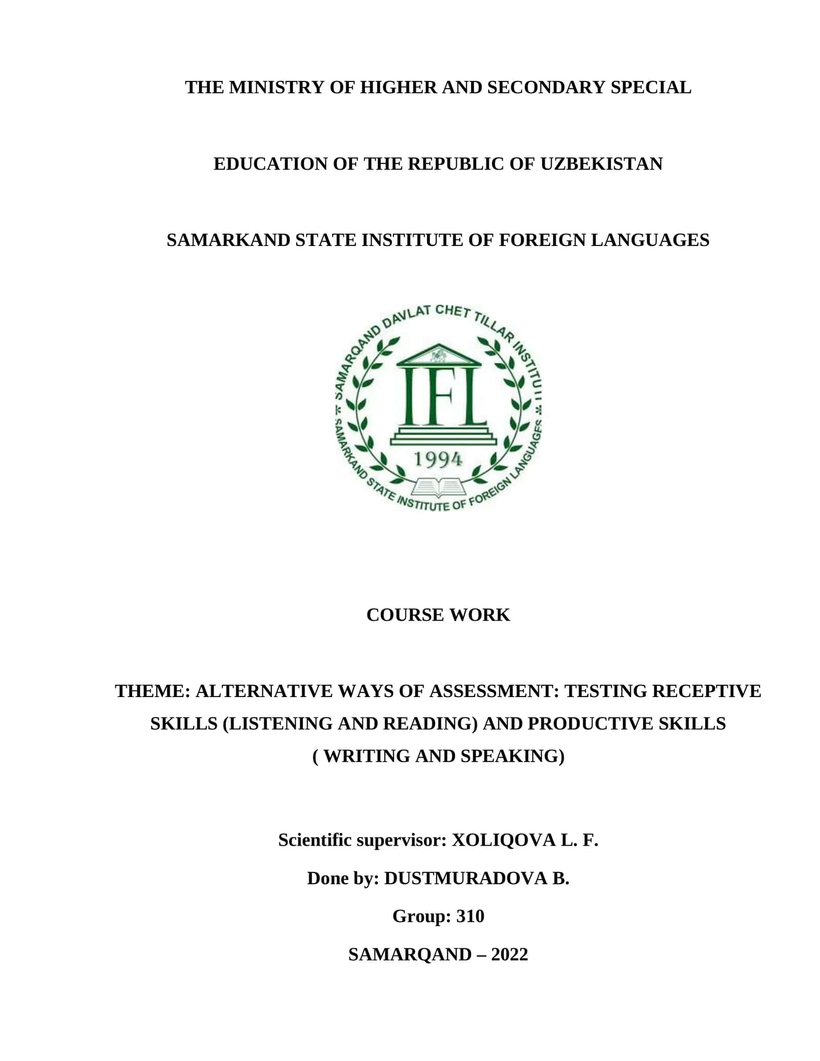 COURSE WORK: ALTERNATIVE WAYS OF ASSESSMENT