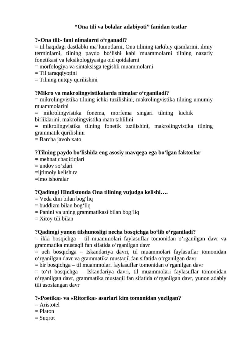 Ona tili va bolalar adabiyoti testlar