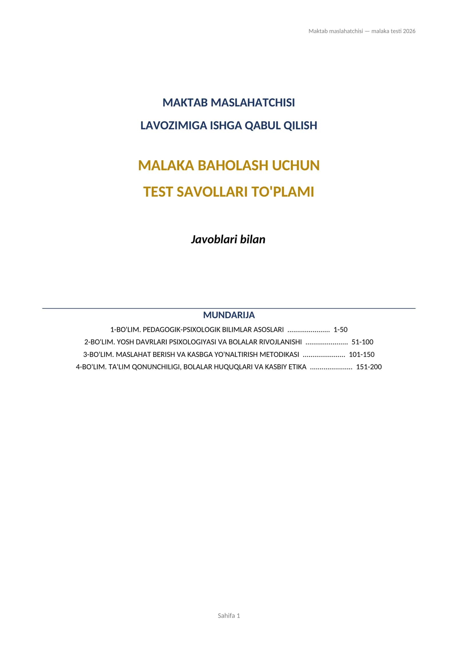 Maktab maslahatchisi test yangi javoblari bilan 4 ta bo'limdan