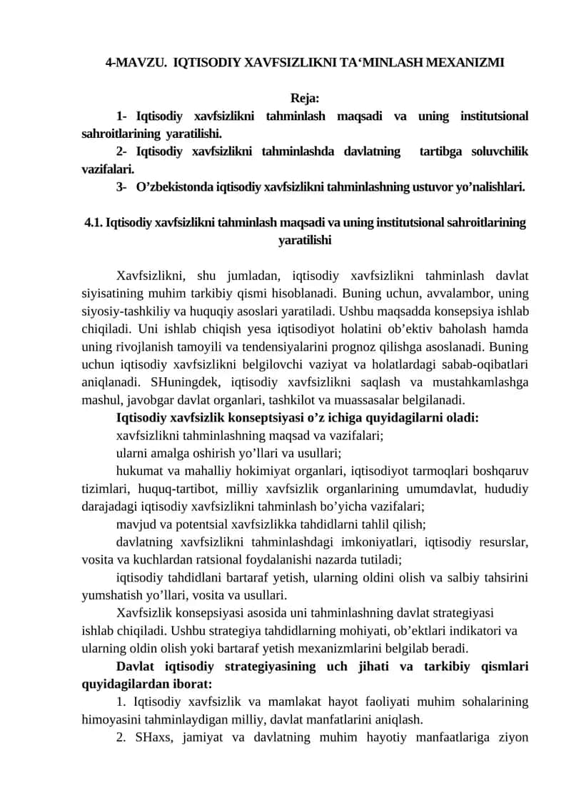 IQTISODIY XAVFSIZLIKNI TA‘MINLASH MEXANIZMI
