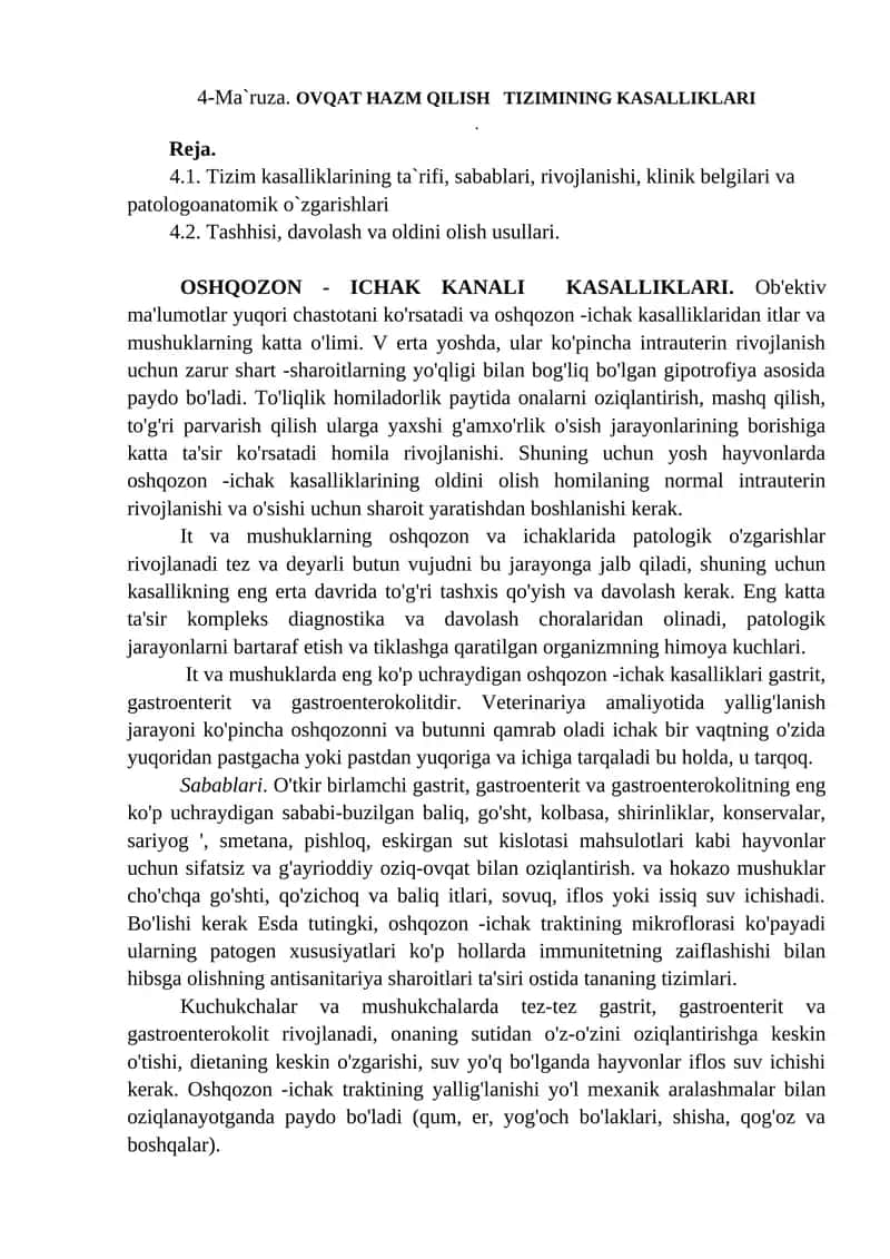 OVQAT HAZM QILISH TIZIMINING KASALLIKLARI