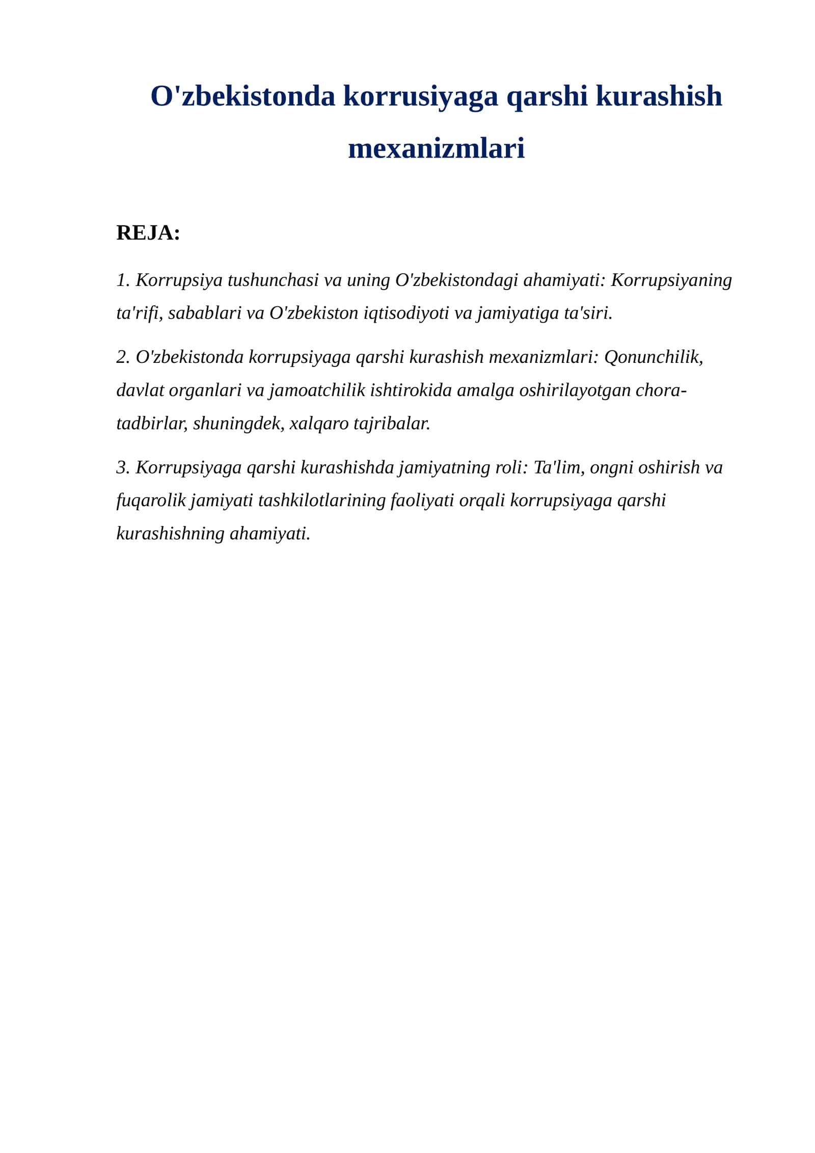 O'zbekistonda korrusiyaga qarshi kurashish mexanizmlari
