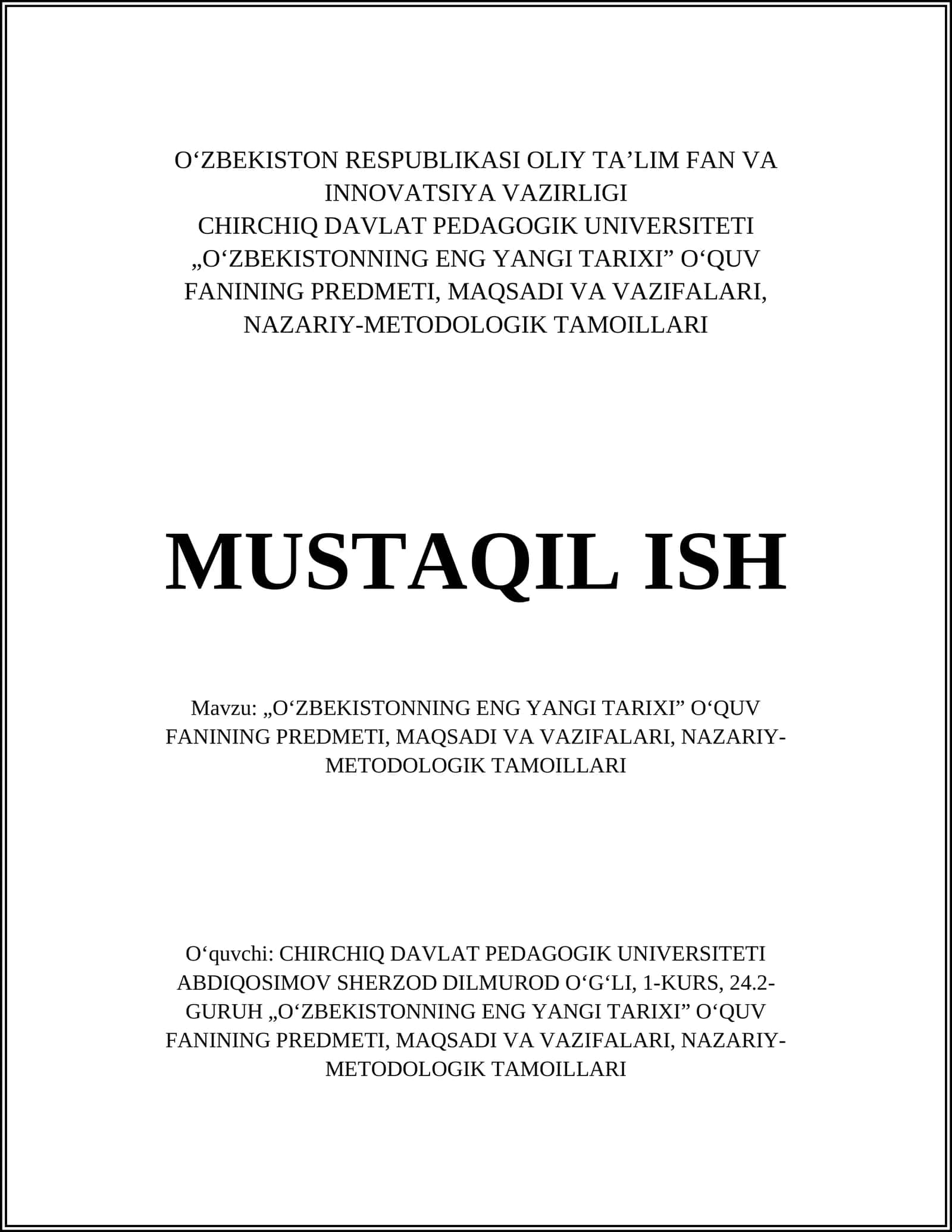 OʻZBEKISTONNING ENG YANGI TARIXI OʻQUV FANI