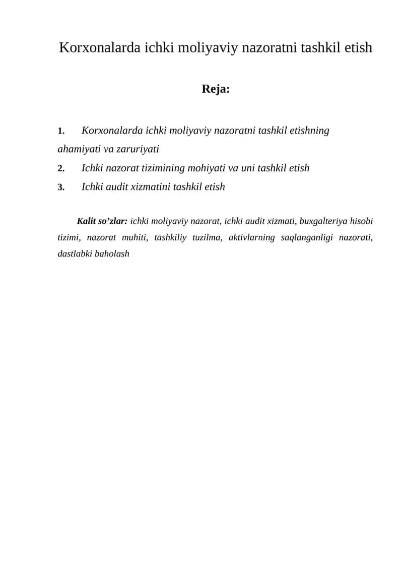 Ichki moliyaviy nazoratni tashkil etish