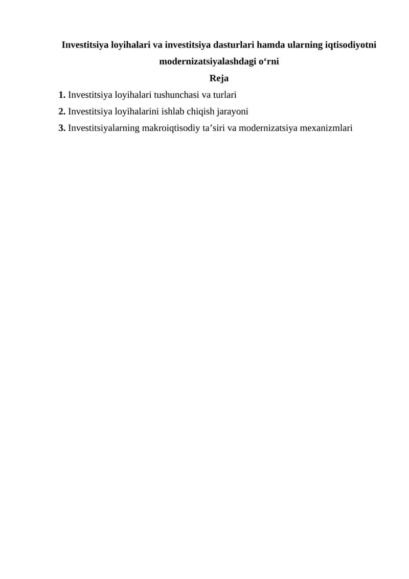 Investitsiya loyihalari va investitsiya dasturlari