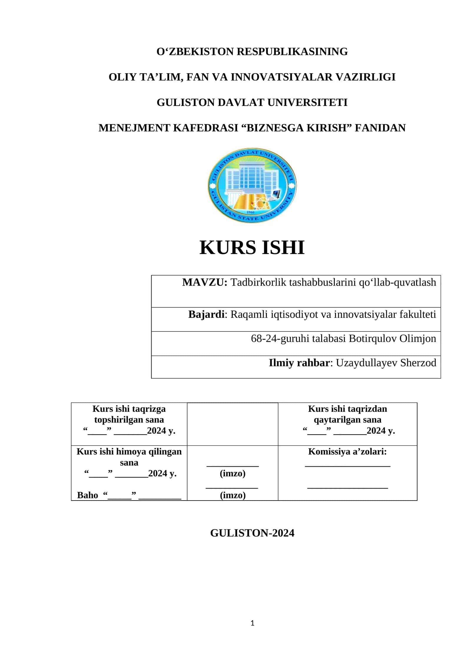 Tadbirkorlik tashabbuslarini qo‘llab-quvatlash