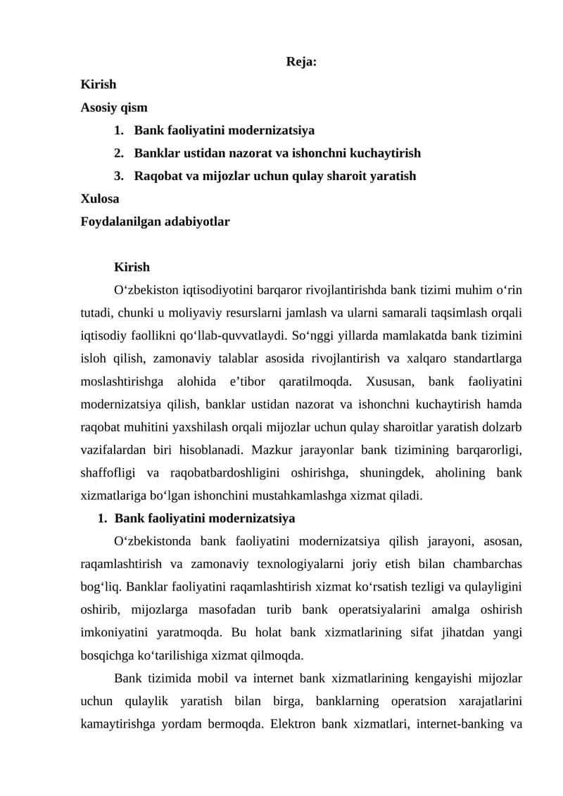 Bank Tizimi va Moliyaviy Xizmatlar