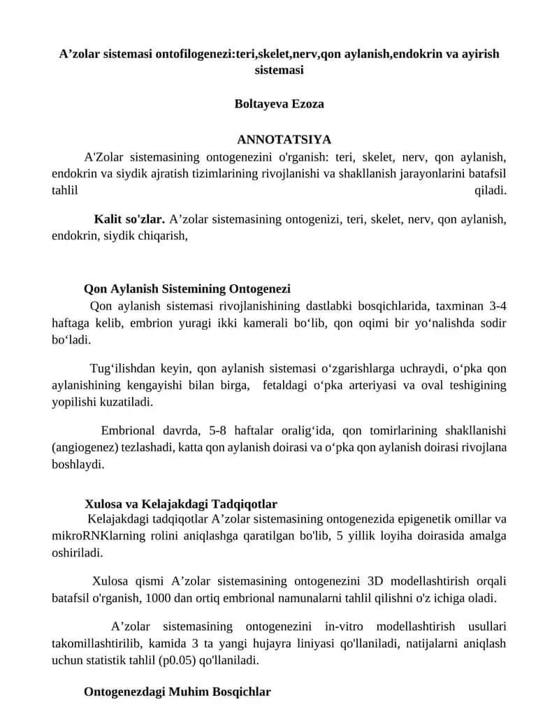 A’zolar sistemasi ontofilogenezi: teri, skelet, nerv, qon aylanish, endokrin va ayirish sistemasi