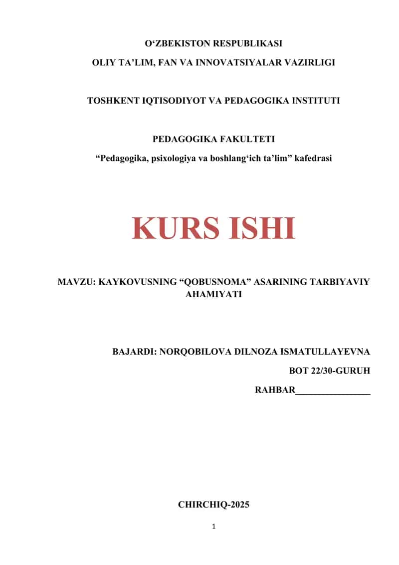 KAYKOVUSNING “QOBUSNOMA” ASARINING TARBIYAVIY AHAMIYATI