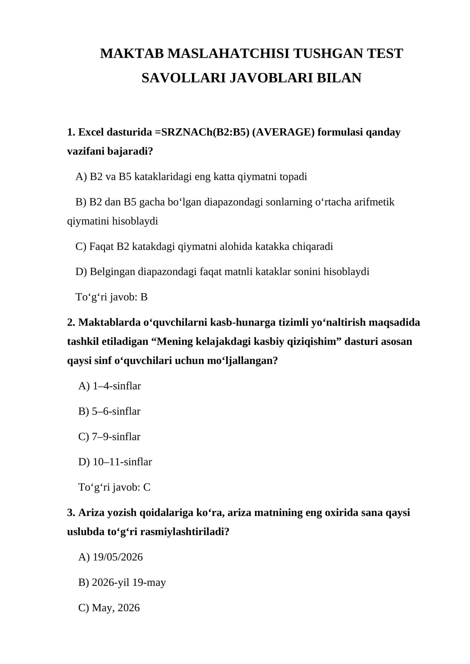 Maktab maslahatchisi tushgan test savollari javoblari bilan
