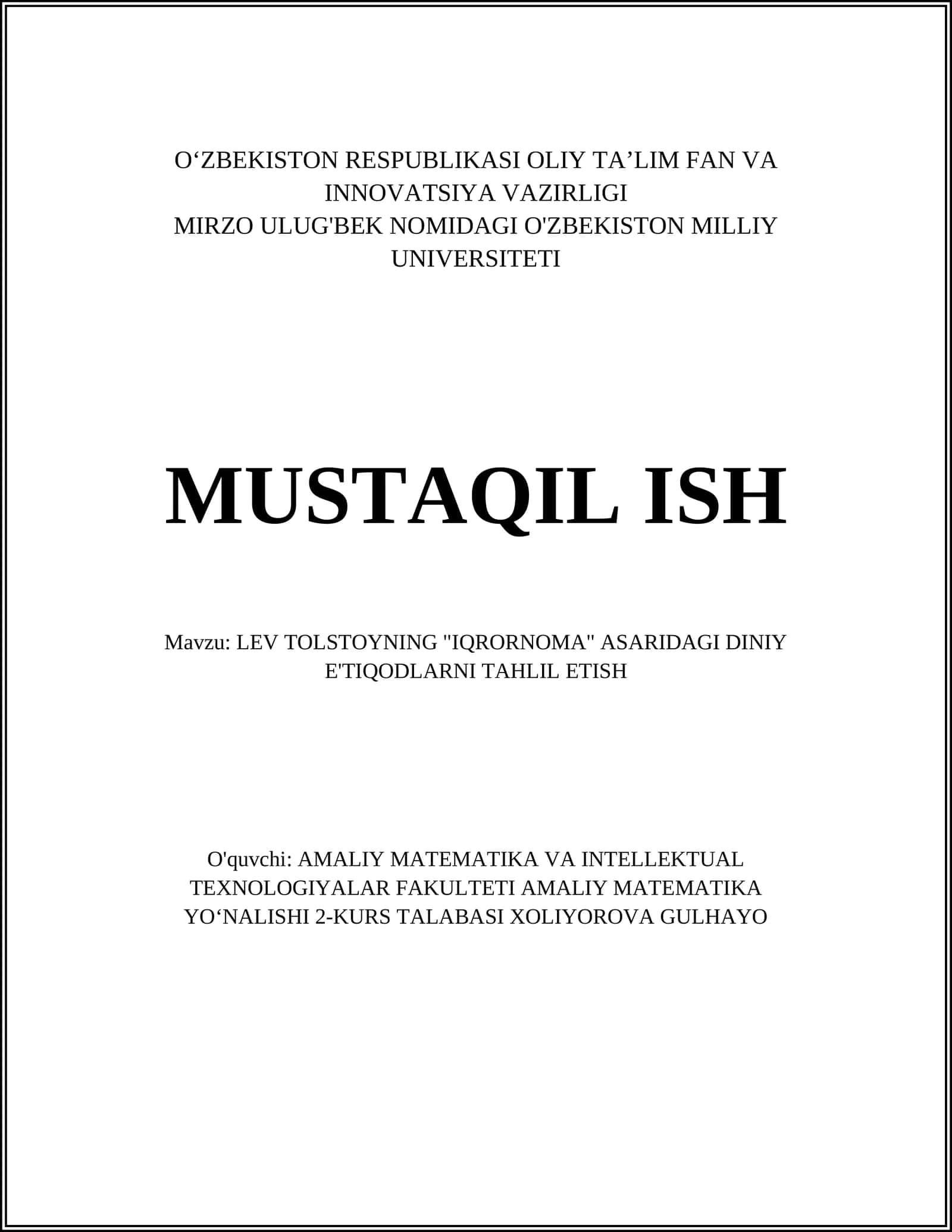 LEV TOLSTOYNING "IQRORNOMA" ASARIDAGI DINIY E'TIQODLARNI TAHLIL ETISH