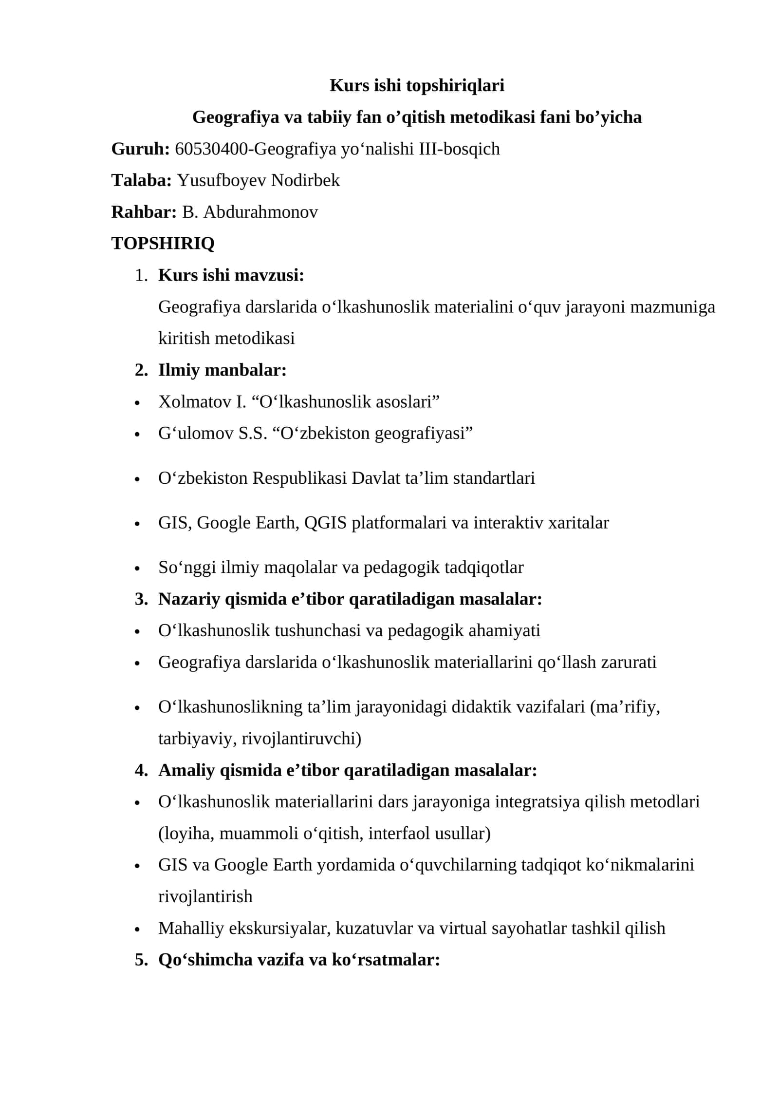 Geografiya va tabiiy fan o’qitish metodikasi fani bo’yicha