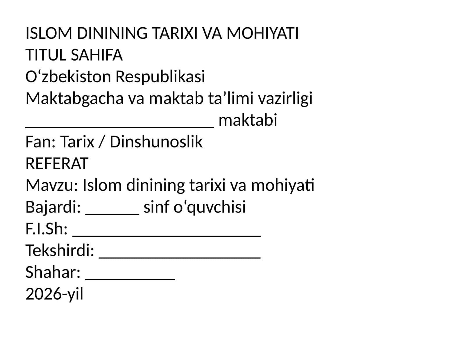 ISLOM DININING TARIXI VA MOHIYATI Mavzusida Referat
