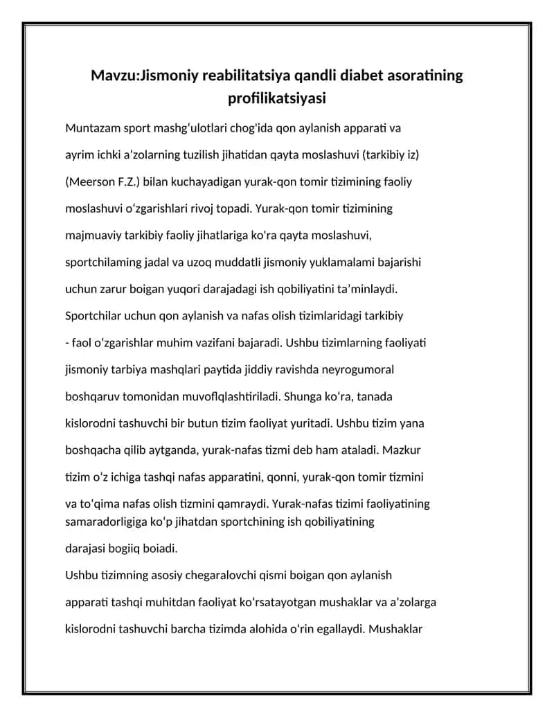 Jismoniy reabilitatsiya qandli diabet asoratining profilikatsiyasi