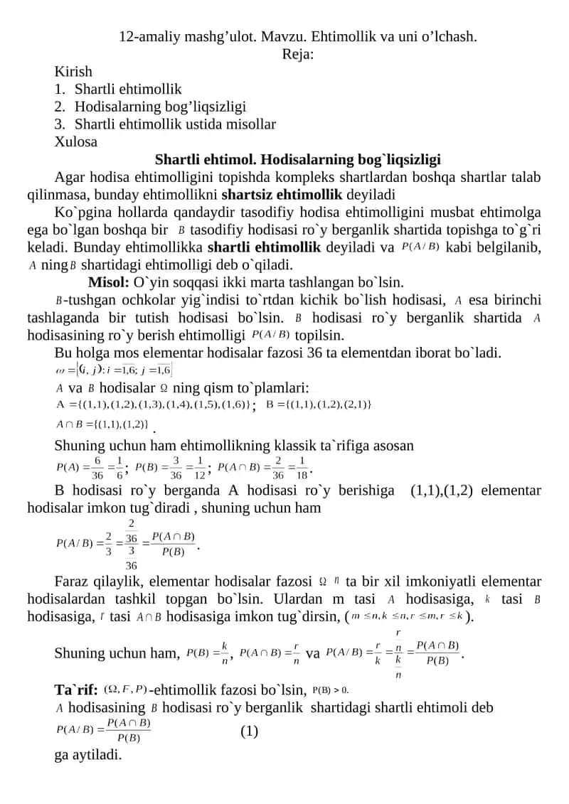 Ehtimollik va uni o’lchash