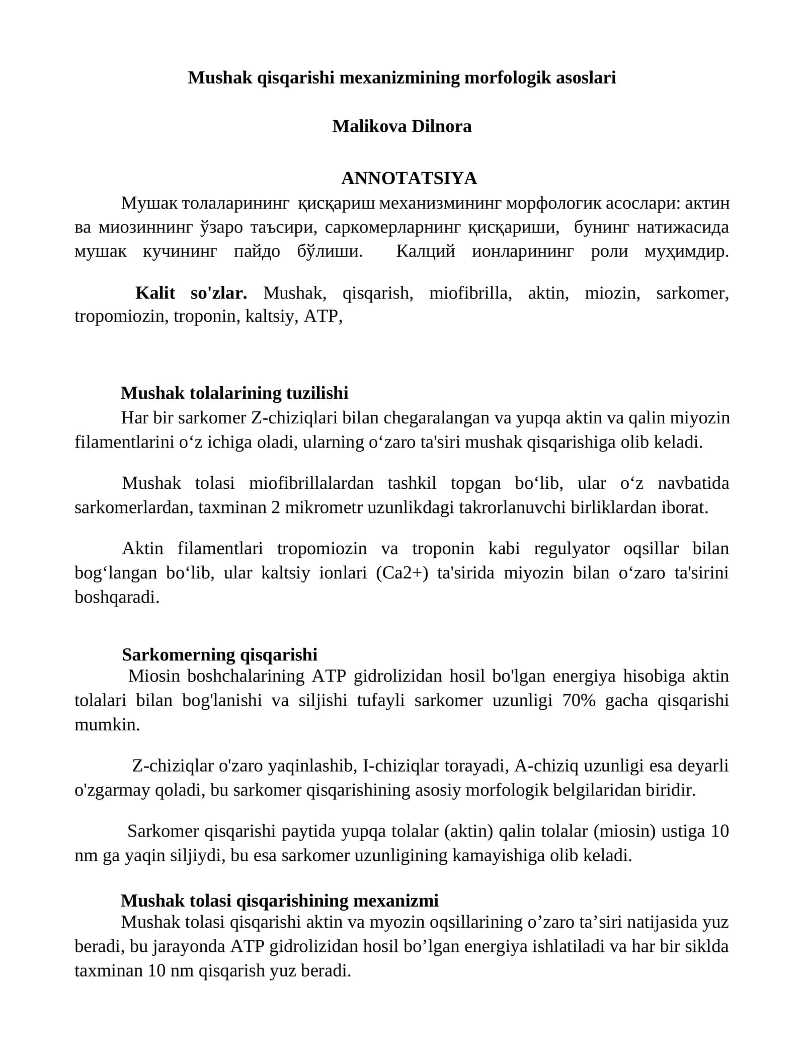 Mushak qisqarishi mexanizmining morfologik asoslari