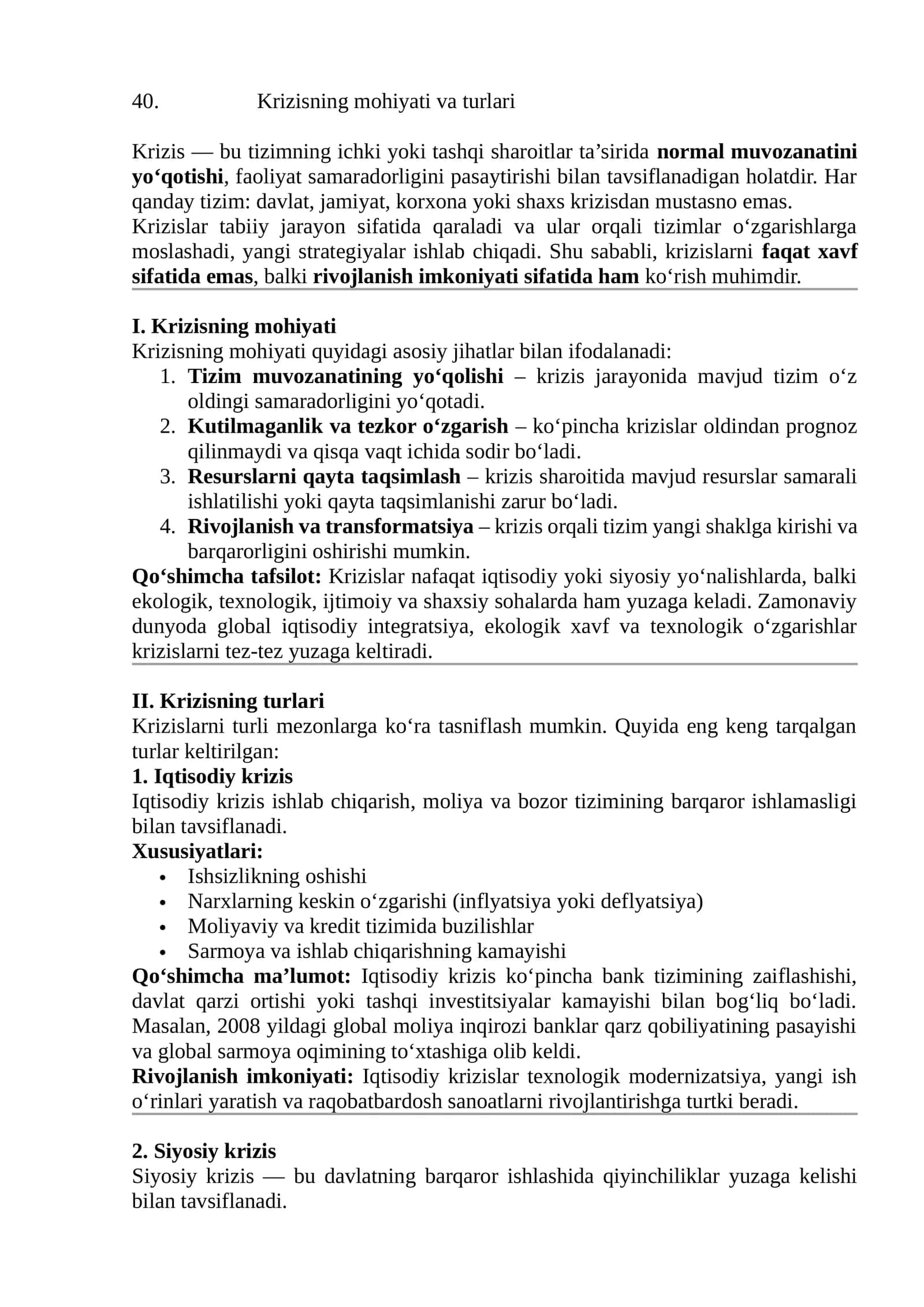 Krizisning mohiyati va turlari