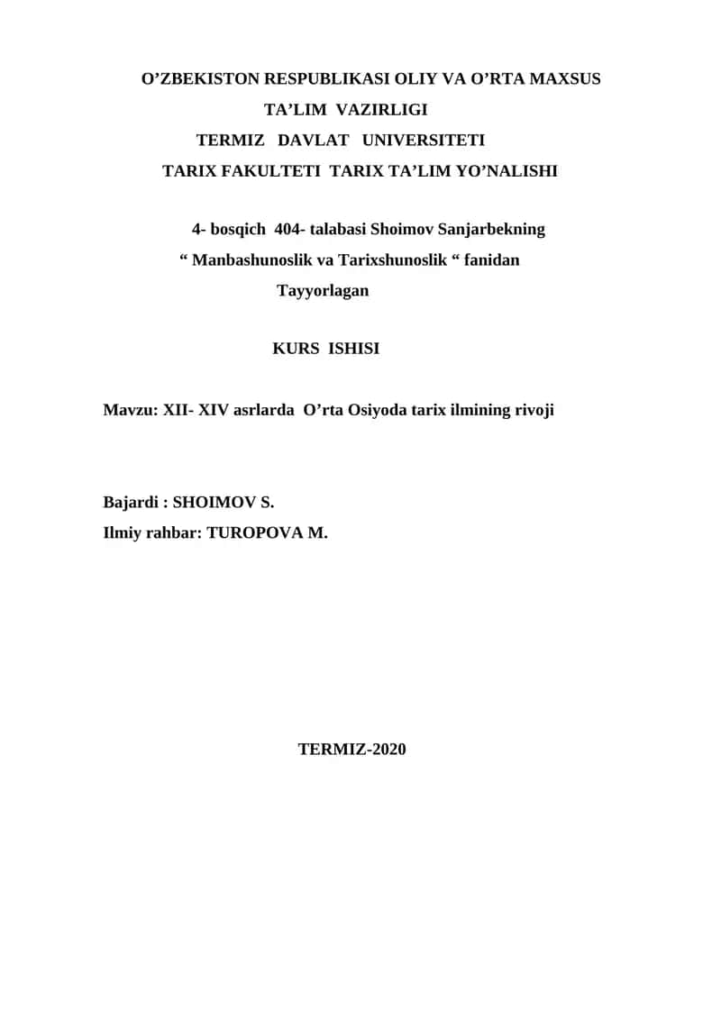 "MANBASHUNOSLIK VA TARIXSHUNOSLIK" KURS ISHISI