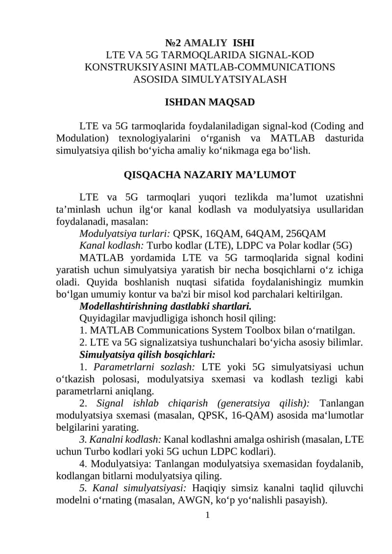 LTE VA 5G TARMOQLARIDA SIGNAL-KOD KONSTRUKSIYASINI MATLAB-COMMUNICATIONS ASOSIDA SIMULYATSIYALASH