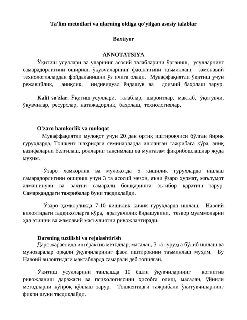 Ta'lim metodlari va ularning oldiga qo'yilgan asosiy talablar