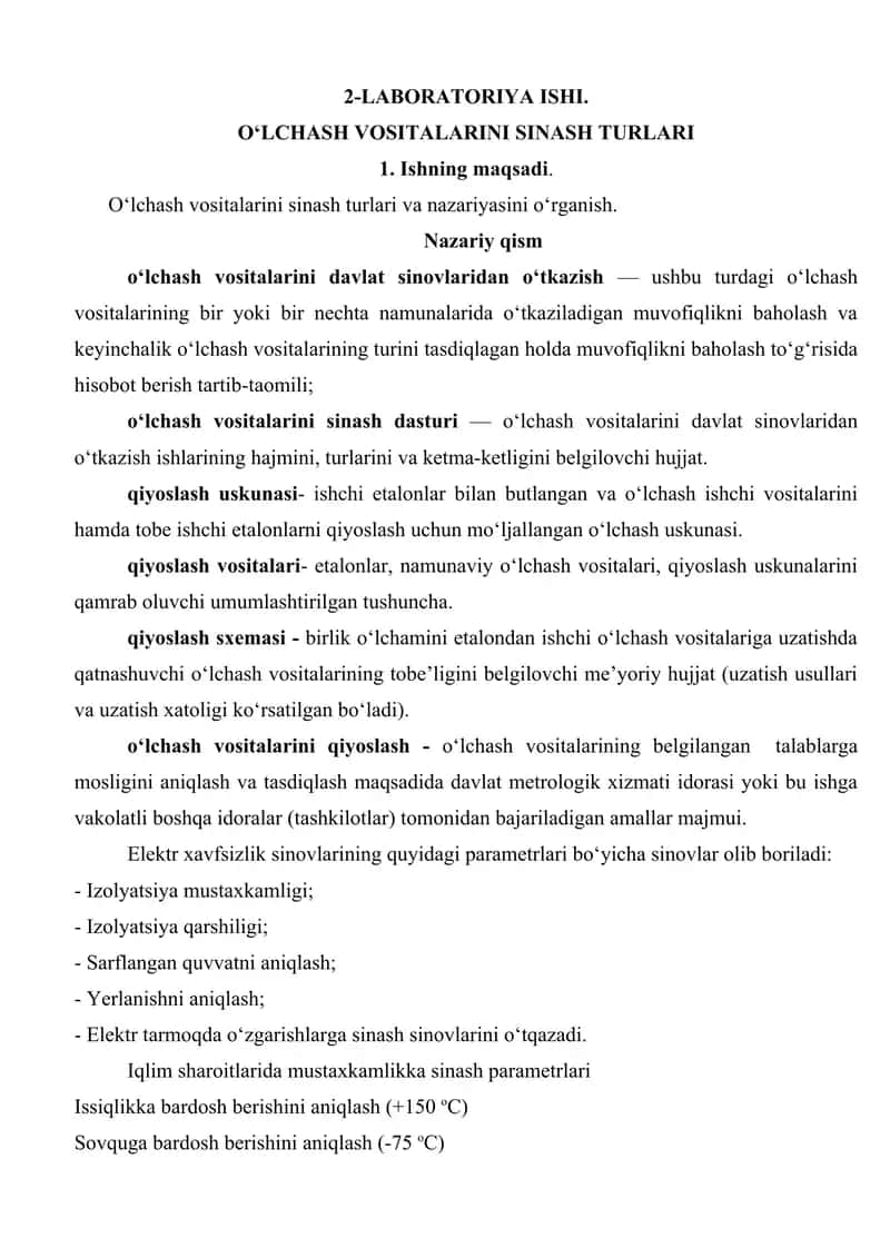 O‘LCHASH VOSITALARINI SINASH TURLARI