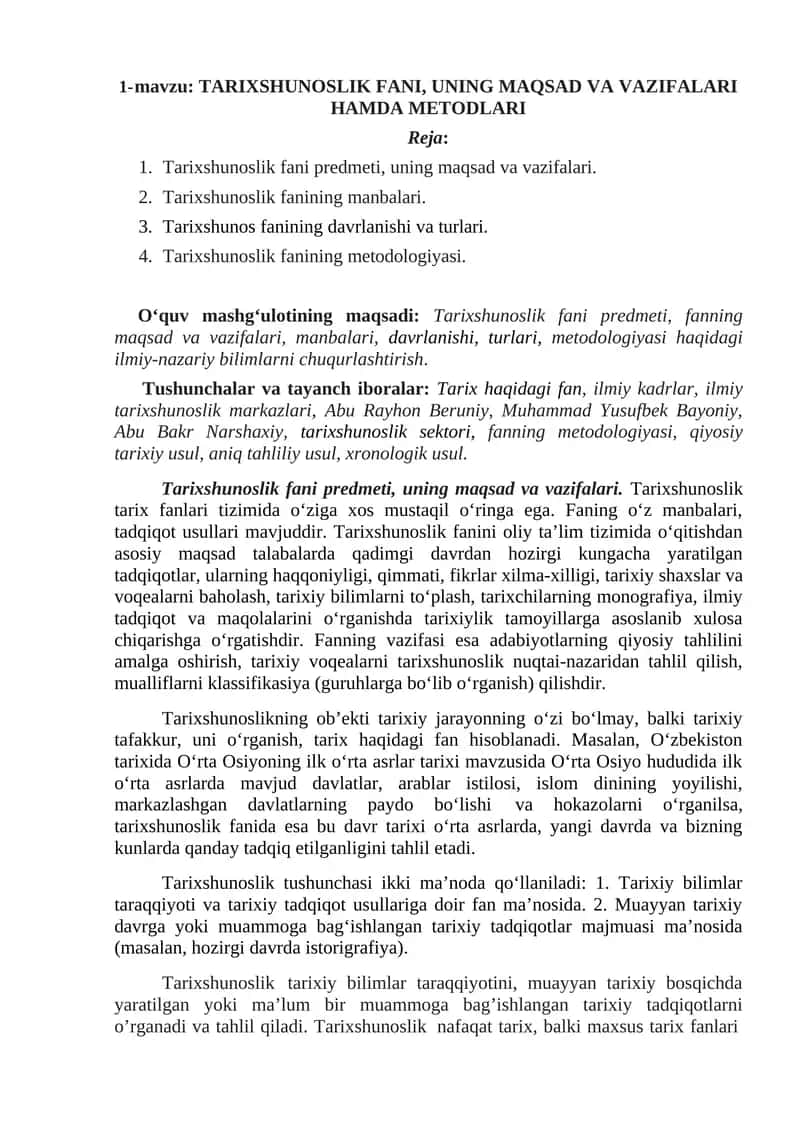 TARIXSHUNOSLIK FANI, UNING MAQSAD VA VAZIFALARI HAMDA METODLARI