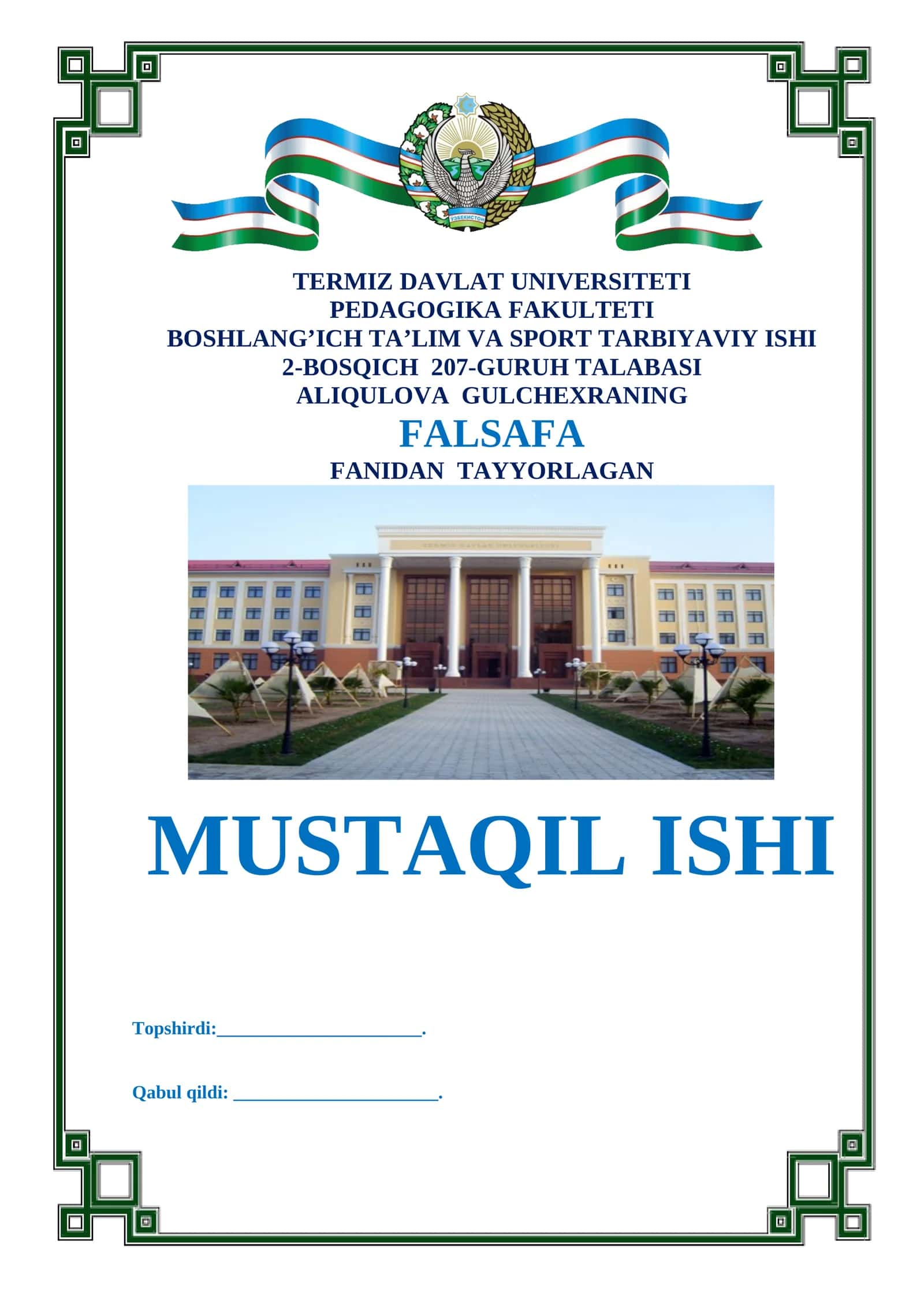 FALSAFA FANIDAN TAYYORLAGAN MUSTAQIL ISHI