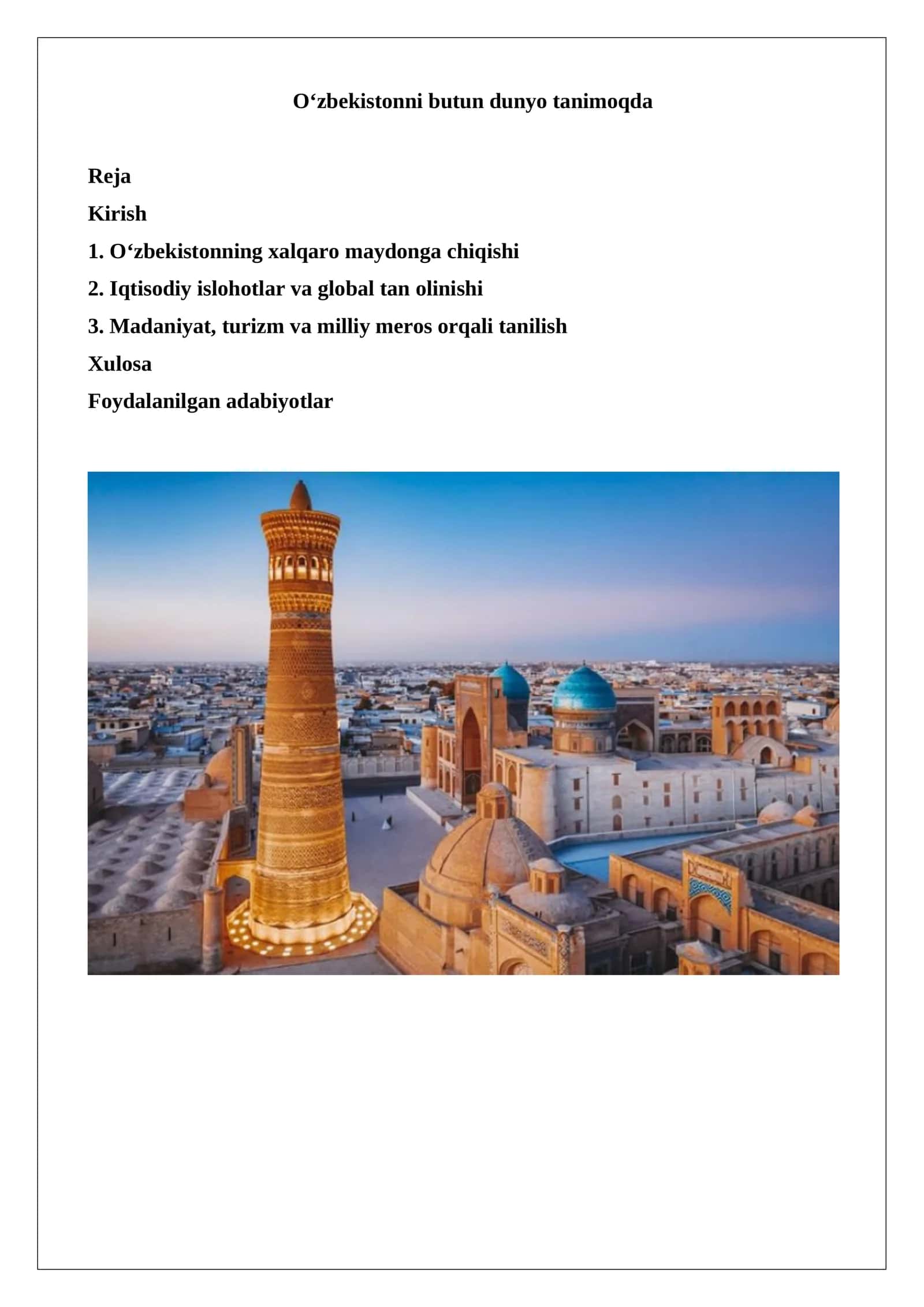 O‘zbekistonni butun dunyo tanimoqda