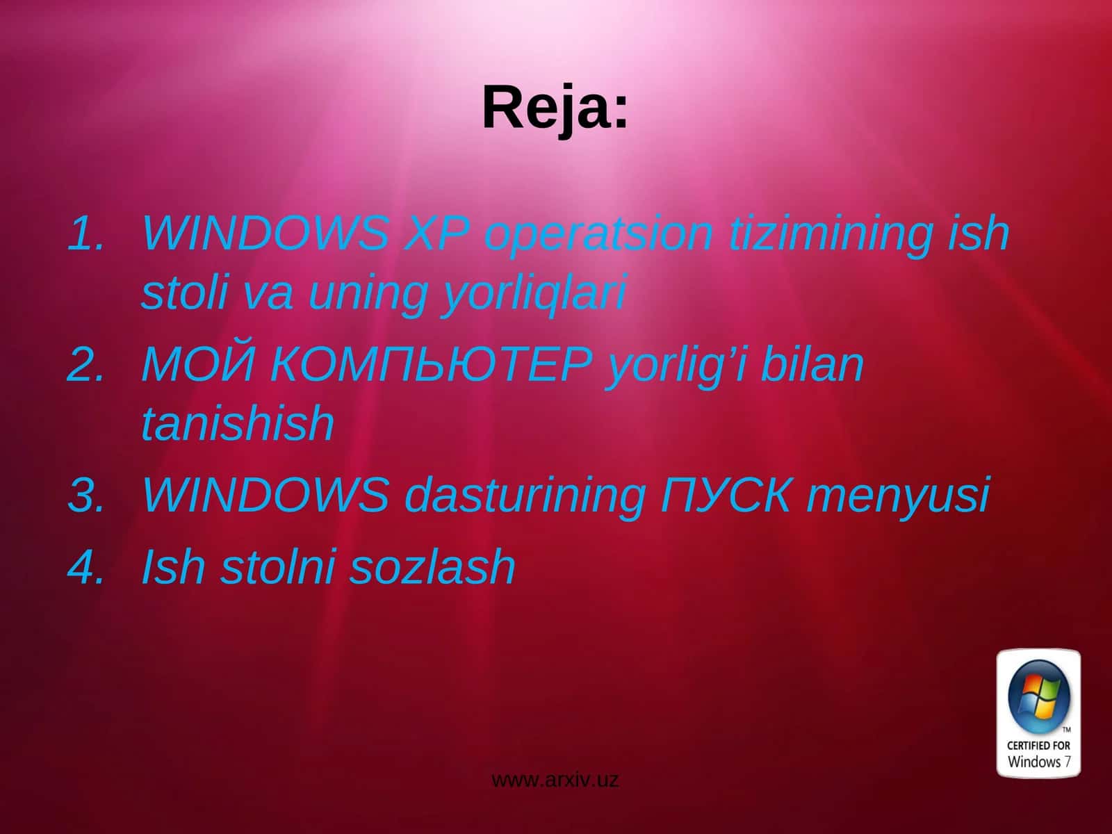 WINDOWS XP operatsion tizimining ish stoli va uning yorliqlari