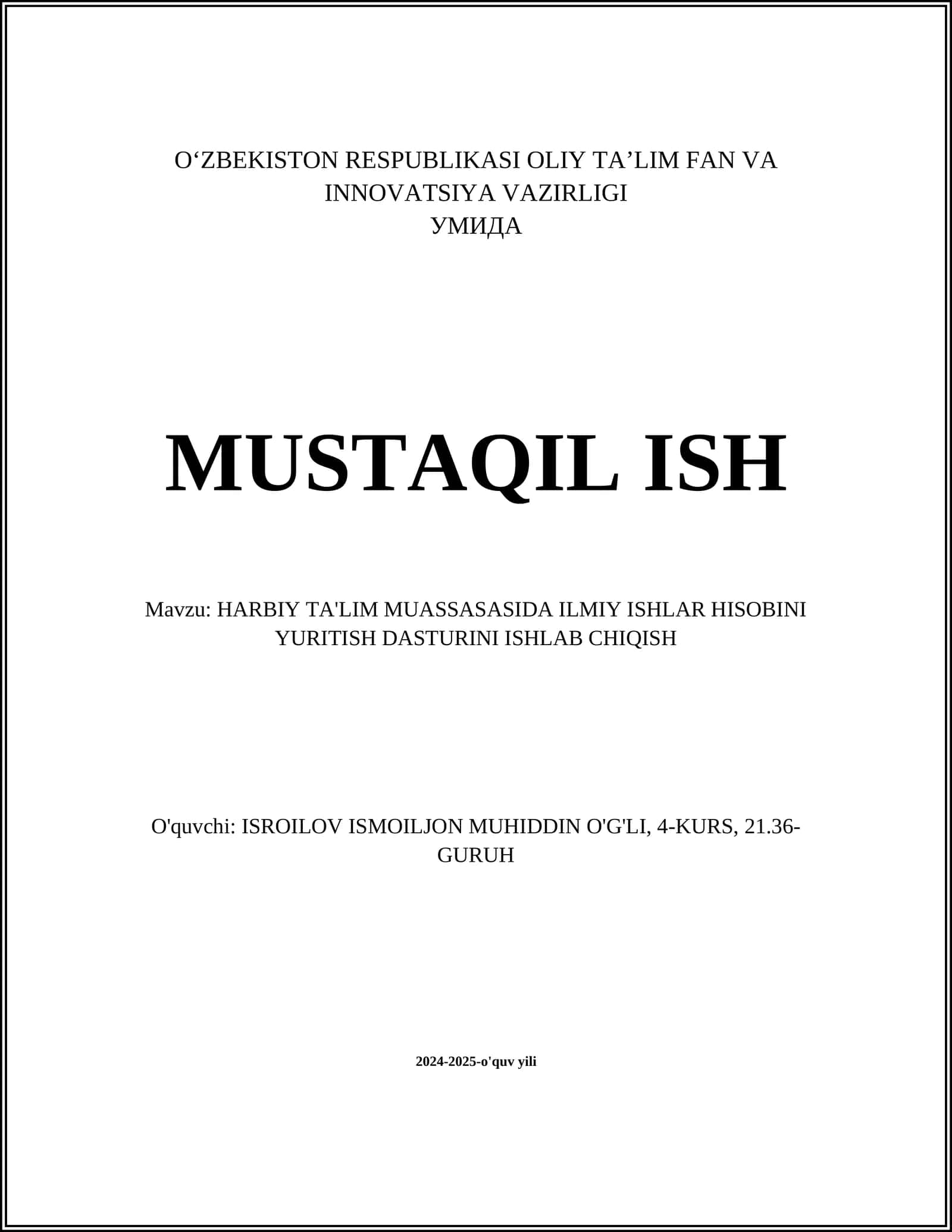 HARBIY TA'LIM MUASSASASIDA ILMIY ISHLAR HISOBINI YURITISH DASTURINI ISHLAB CHIQISH