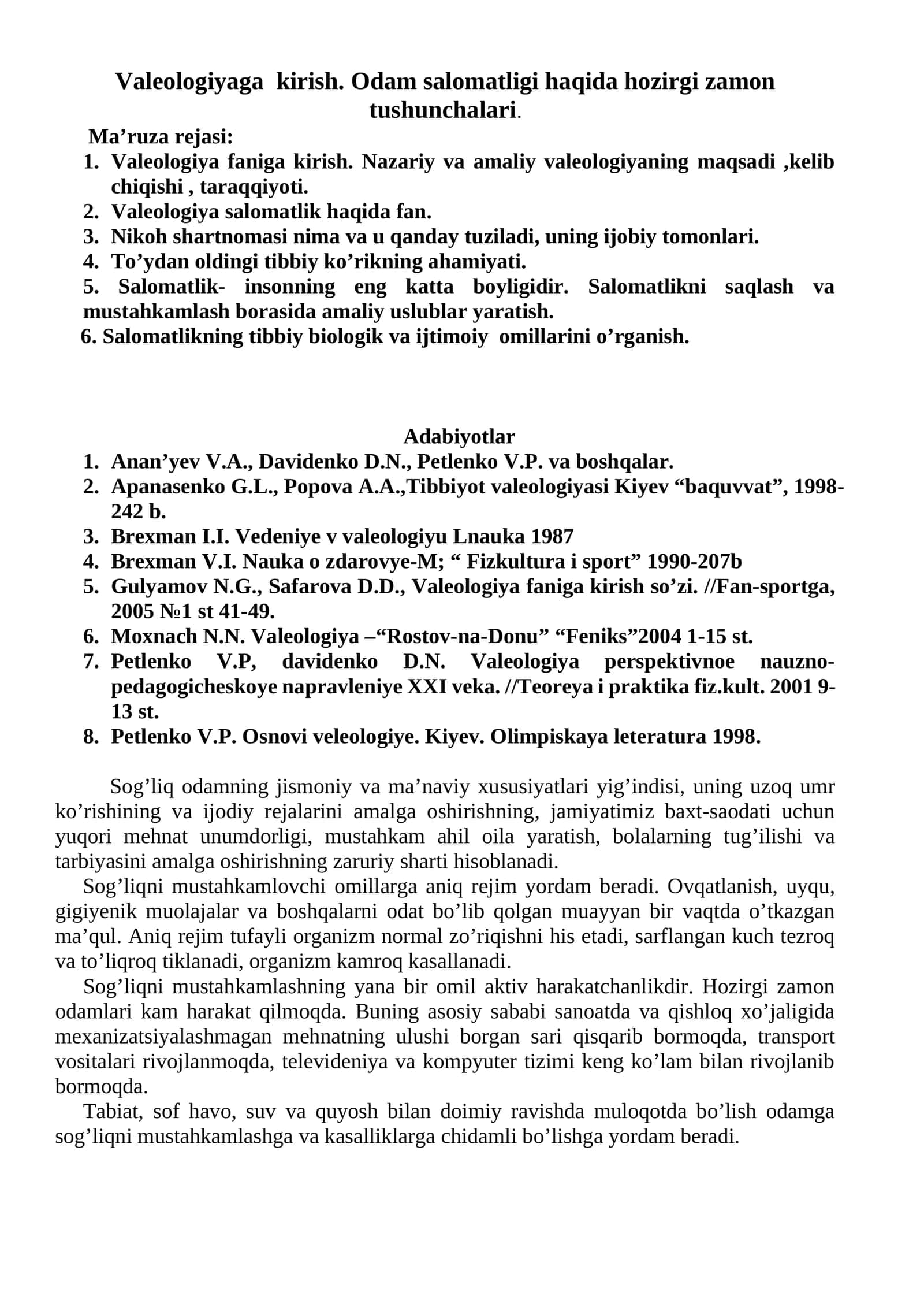 Valeologiyaga kirish. Odam salomatligi haqida hozirgi zamon tushunchalari