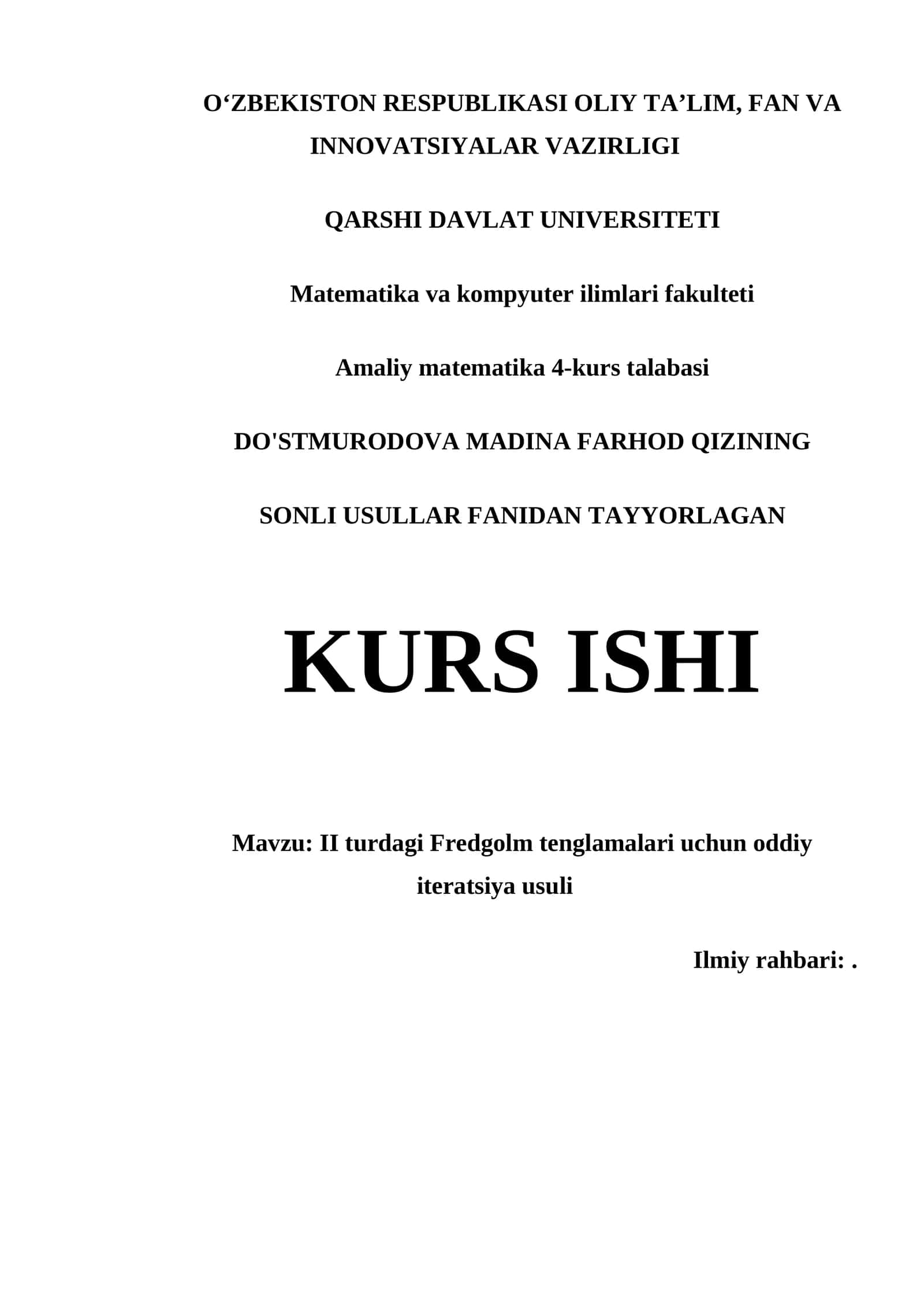 KURS ISHI: II TURDAGI FREDGOLM TENGLAMALARI UCHUN ODDIY ITERATSIYA USULI