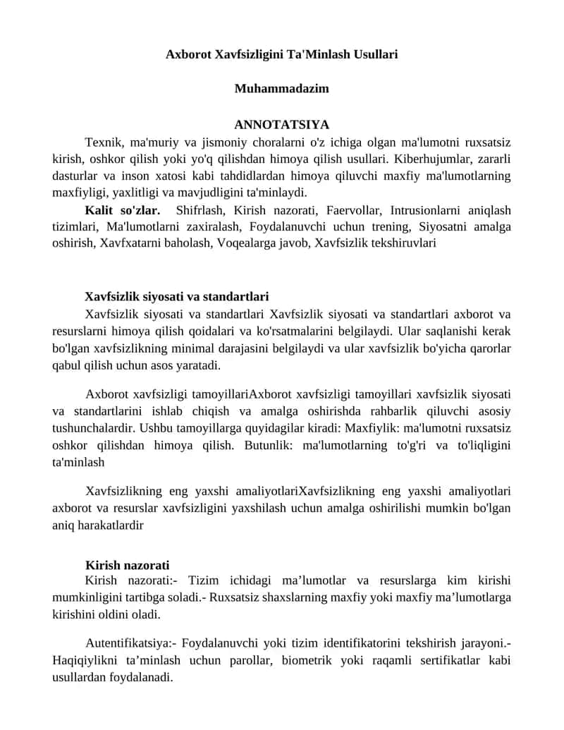 Axborot Xavfsizligini Ta'Minlash Usullari