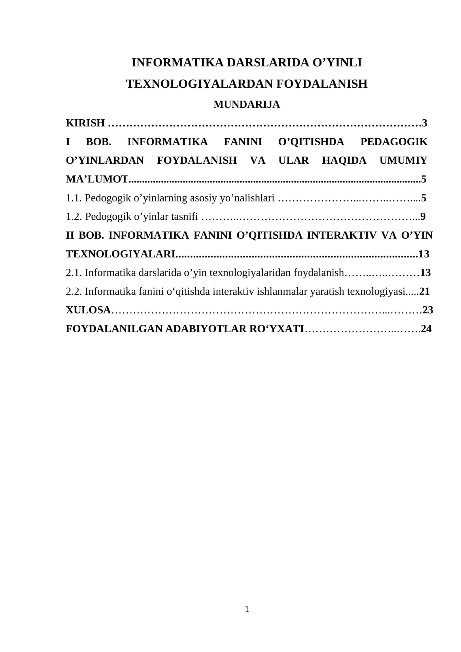 INFORMATIKA DARSLARIDA O’YINLI TEXNOLOGIYALARDAN FOYDALANISH
