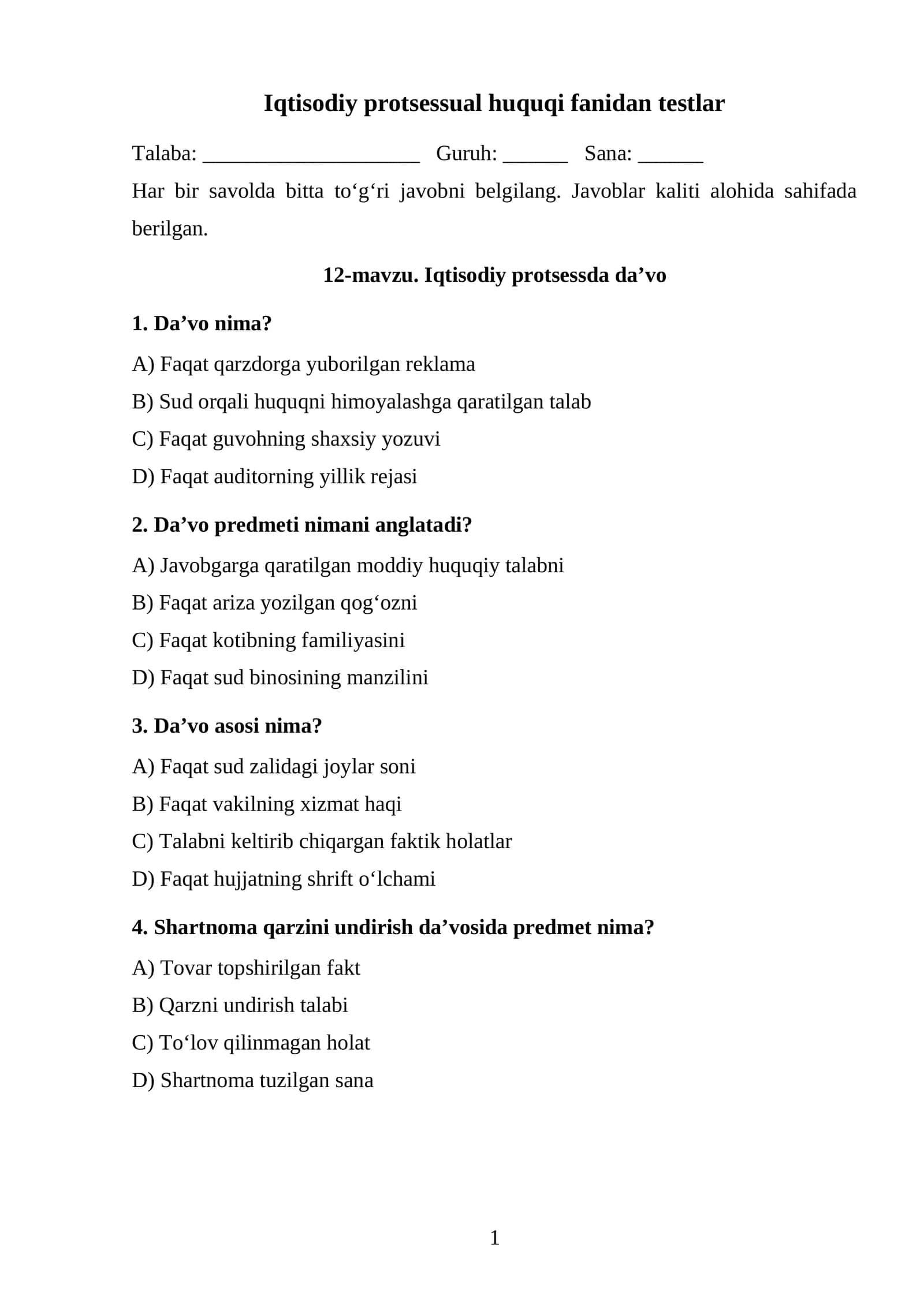 Iqtisodiy protsessda daʼvo TEST.